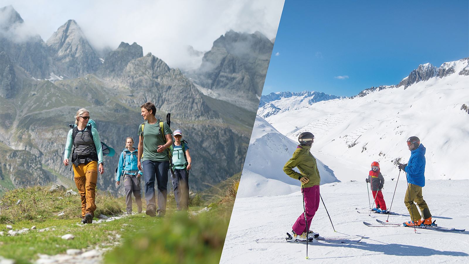Collage zweier Bilder von Bergaktivitäten; links eine Gruppe Frauen am Wandern, rechts eine Familie beim Skifahren